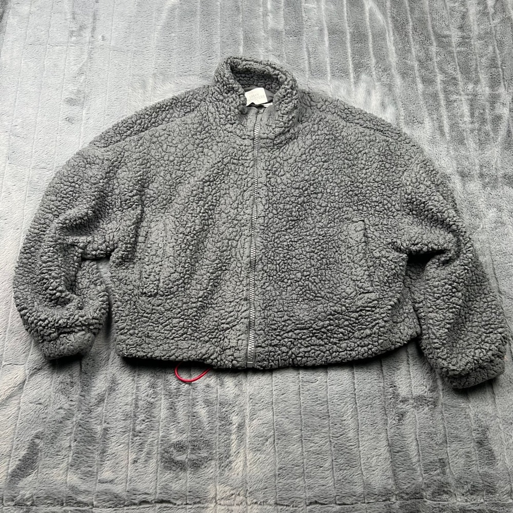 Urban Outfitters Grey Teddy Fleece Cropped Zip Up Jacket Small Drawstring Hem